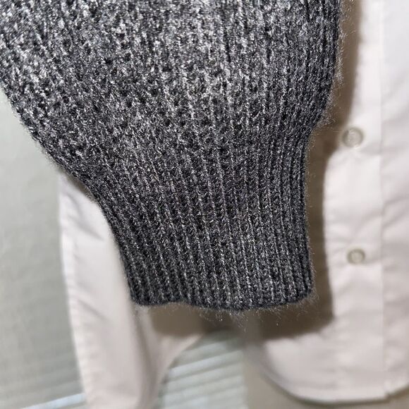 Halston M Charcoal Gray White Cotton Shirt Combo Knit Mock Neck Sweater - Picture 5 of 14